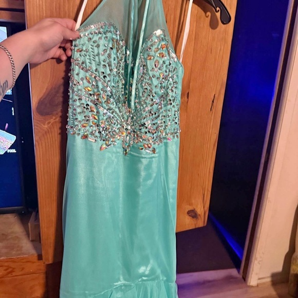 Macy's Dresses & Skirts - Aqua Beaded Halter gown for prom size 5/6